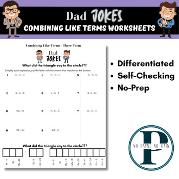 Preview of Dad Jokes Combining Like Terms Differentiated No Prep Worksheets