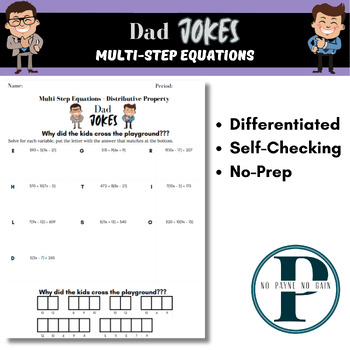 Preview of Dad Jokes Multi-Step Equations Differentiated No Prep Worksheets