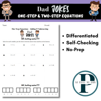 Preview of Dad Jokes One-Step & Two-Step Equations Differentiated No Prep Worksheets