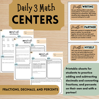 Preview of Editable Daily 3 Math Centers - Decimals, Fractions, and Percents