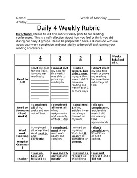 Preview of Daily 4 Weekly Self Assessment Rubric