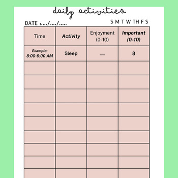 Preview of Daily Activity Journal Entry List For Self Care