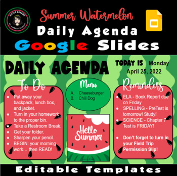 Preview of Daily Agenda | SUMMER Watermelon Editable Google Slides Templates