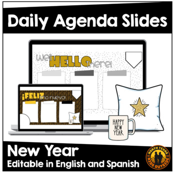 Preview of Daily Agenda Slides Editable English Spanish Google Slides New Year January