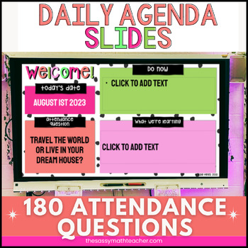 Preview of Daily Agenda Slides with 180 Daily Attendance Questions Pre-Filled Dates Google