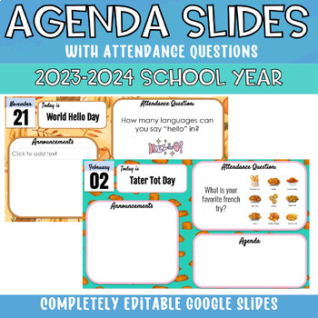 Preview of Daily Agenda Slides with Attendance Questions for the Entire 23-24 School Year