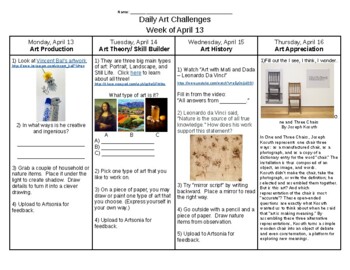 Preview of Daily Art Challenge Week of April 13 (EDITABLE) Distance Learning Grades 3+ FREE