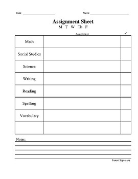 Daily Assignment Sheet By Pacnwteacher Teachers Pay Teachers