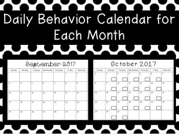 Preview of Daily Behavior Calendar for each Month 2017-2018