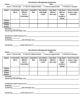 Daily Behavior Management Reflection Check-In Sheet by Andrea Greene