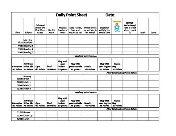 Preview of Daily Behavior Point Sheet
