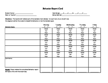 Behaviour Report Card Template