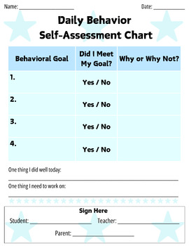Preview of Daily Behavior Self Assessment Worksheet - Blue