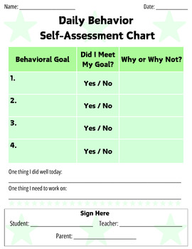 Preview of Daily Behavior Self Assessment Worksheet - Green