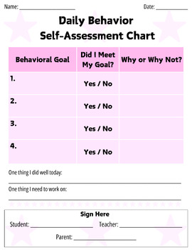 Preview of Daily Behavior Self Assessment Worksheet - Pink