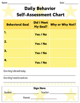 Preview of Daily Behavior Self Assessment Worksheet - Yellow