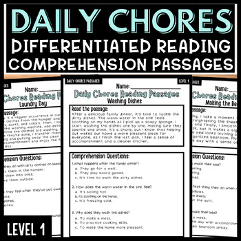 Preview of Daily Chores Life Skills Reading Comprehension Passages NO PREP Level 1