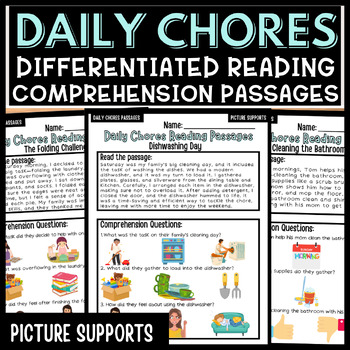 Preview of Daily Chores Picture Supported Life Skill Reading Comprehension Passages NO PREP