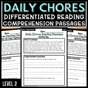 Preview of Daily Chores Reading Comprehension Passages and Writing NO PREP Level 2