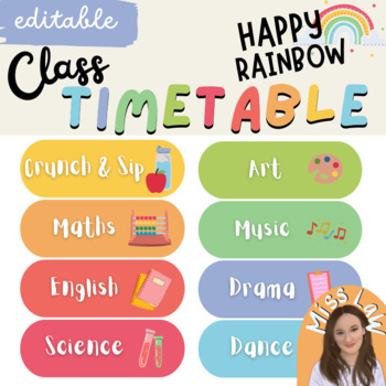 Preview of Daily Class Timetable | Happy Rainbow 2024 Classroom Decor *Editable*