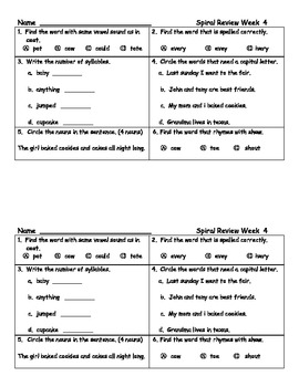 Daily Language Arts Spiral Review For Second Grade, Weeks 1-4 by Shelly ...