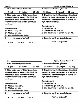 Daily ELA Spiral Review For Second Grade, Weeks 5-12 by Shelly Sitz