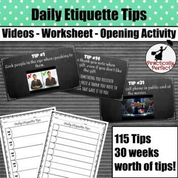 Preview of Daily Etiquette Tips - Bellringer Lesson Opener Starter -115 Tips, Worksheet PDF