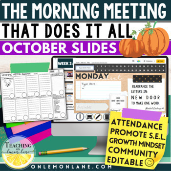 Preview of Daily Fall Classroom October Morning Meeting 5th Grade Class Slides Bell Ringers