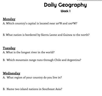 Daily Geography Month 1 by Kovescence of the Mind  TpT