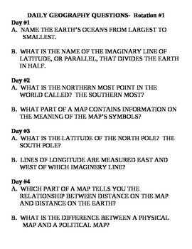 Preview of Daily Geography Questions (Warm Up) and Quizzes