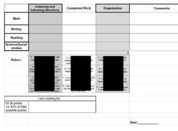 Preview of Daily Goal Sheet with Rubric for Organization, Listening, and Work Completion 
