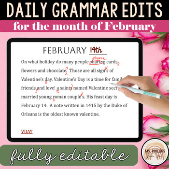 Preview of Daily Grammar Paragraph Edits for February | 100% Editable Slides and Worksheets