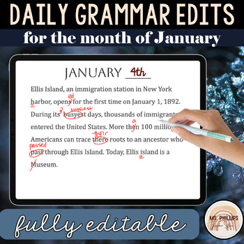 Preview of Daily Grammar Paragraph Edits for January | 100% Editable Slides and Worksheets