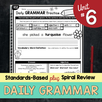 Preview of Daily Grammar Worksheets 6 First Grade Grammar Sentences Parts of Speech Nouns