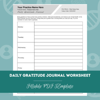 Daily Gratitude Journal Worksheet | Editable / Fillable PDF | Mental Health