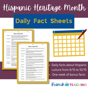 Preview of Daily Hispanic Heritage Month Facts for Spanish or Social Studies