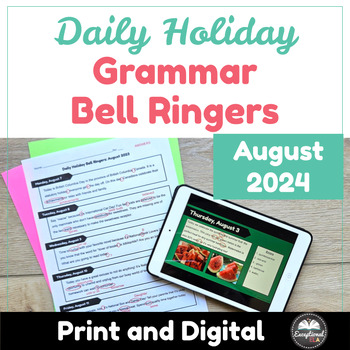 Preview of Daily Holiday Grammar Bell Ringers August 2024 - Morning Work - Warm ups