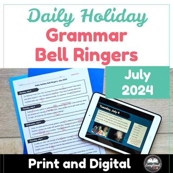 Preview of Daily Holiday Grammar Bell Ringers July 2024 - Morning work - Warm ups