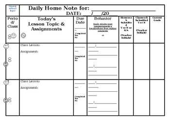Preview of Daily Home Note for Middle and High School Students 4x4 block schedule