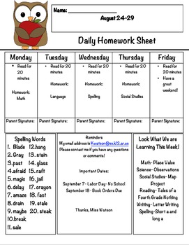 Preview of Daily Homework Sheet