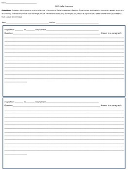 Preview of Daily Independent Reading Time (DIRT) Daily Response (Reading Log)