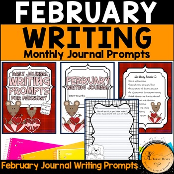 Preview of February, Valentine, Winter Daily Writing Prompts Monthly Journal Primary Paper