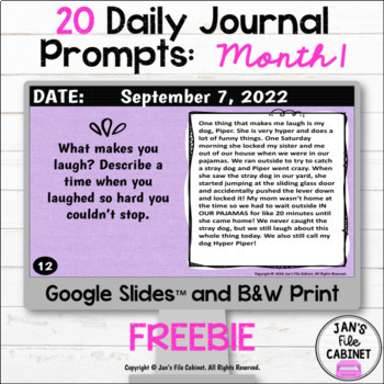 Preview of FREE 20 Daily Journal Prompts Month 1 GOOGLE SLIDES & PRINT | Grades 4-6