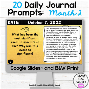 Preview of 20 Daily Journal Prompts Month 2 GOOGLE SLIDES AND PRINT VERSIONS