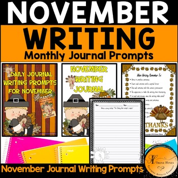 Preview of November Thanksgiving Daily Writing Prompts Monthly Fall Journal Primary Paper