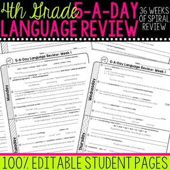 4th Grade Daily Language Spiral Review Morning Work Editable by Teacher