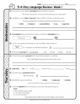 6th Grade Daily Language Spiral Review Morning Work Editable by Teacher
