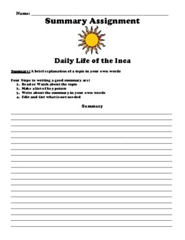 Preview of Daily Life of the Inca Summary Worksheet