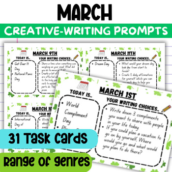 Preview of Daily March Creative Writing Journal Prompts Task Cards for Morning Work