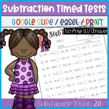 Preview of Daily Math Fact Fluency, Subtraction Within 20 Practice Pages, Google Slide